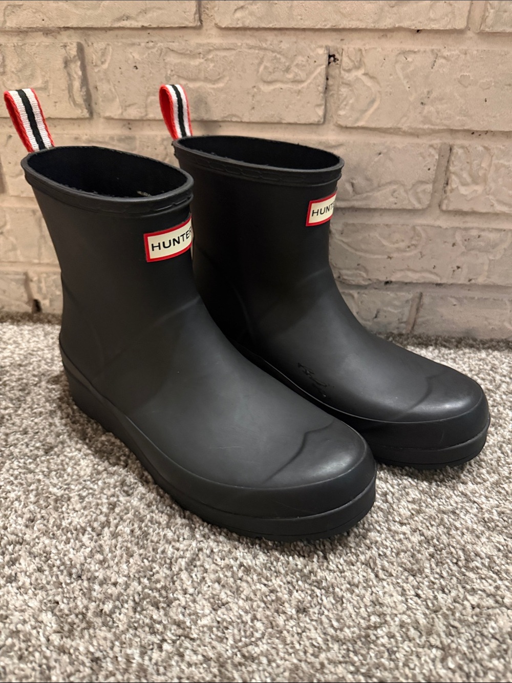 Hunter Black Short Rain Boots with Red-Trim Pull Tabs